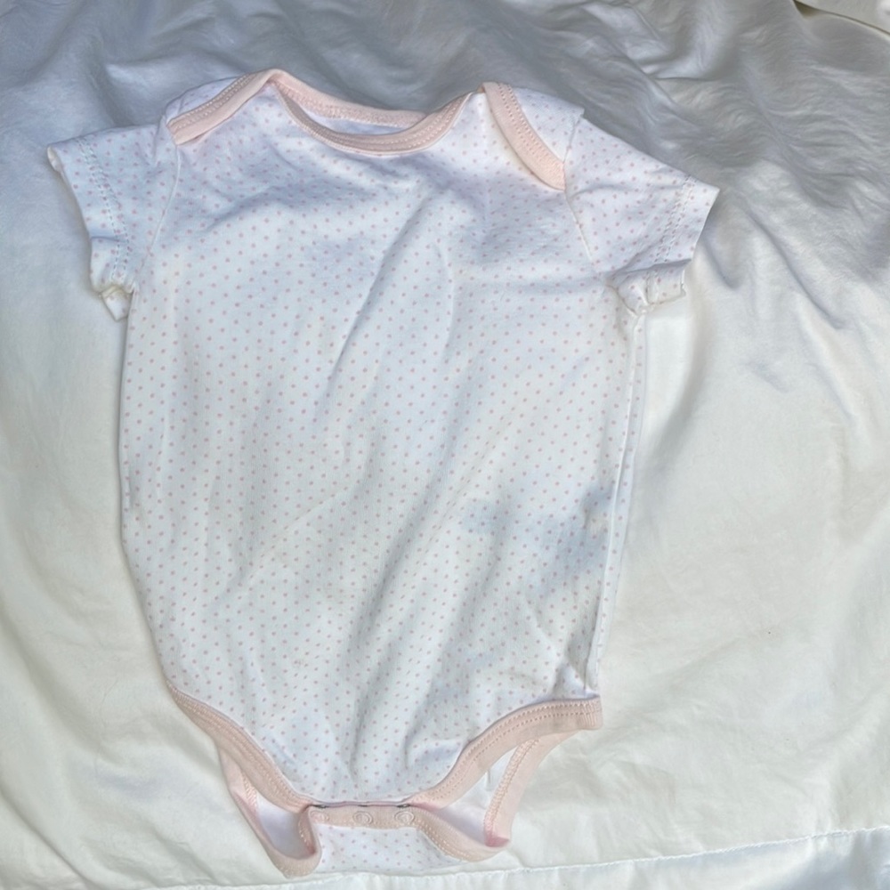 Little me onesie with pink polka dots size 6 mo